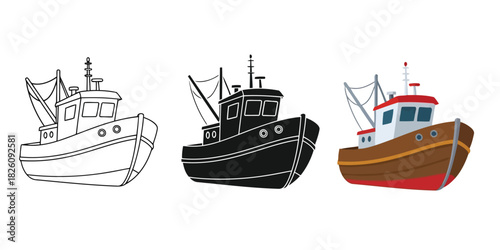 Fishing boat In Three styles vector set line art, silhouette and color version