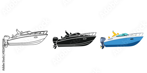 Speed Boat Three styles vector set line art, silhouette and color version