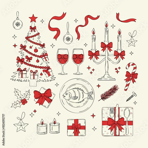 Festive Christmas Dinner Illustration with Tree, Gifts, and Decorations.