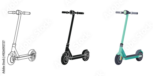Electric Scooters in Three styles vector set line art, silhouette and color version