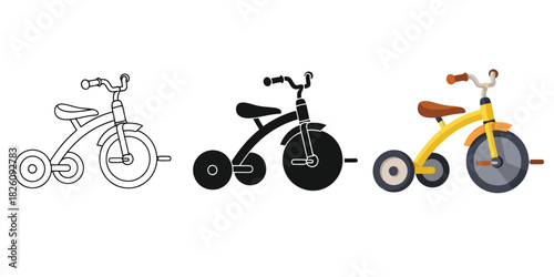 Tricycles shown in Three styles vector set line art, silhouette and color version