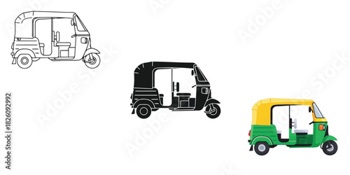 Autorickshaws in Three styles vector set line art, silhouette and color version 