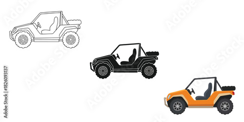 Offroad dune buggy  in Three styles vector set line art, silhouette and color version