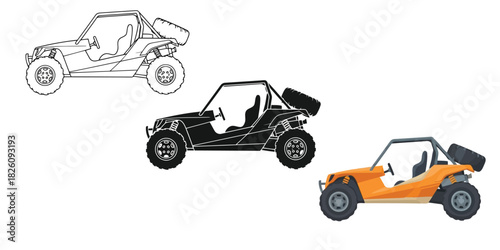 Offroad dune buggy in Three styles vector set line art, silhouette and color version