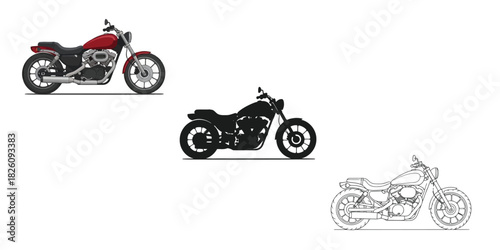 Motorcycle in Three styles vector set line art, silhouette and color version 