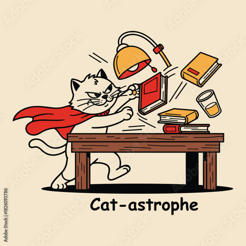 Cat-astrophe Pun Funny Illustration of Destructive Kitty Causing Chaos