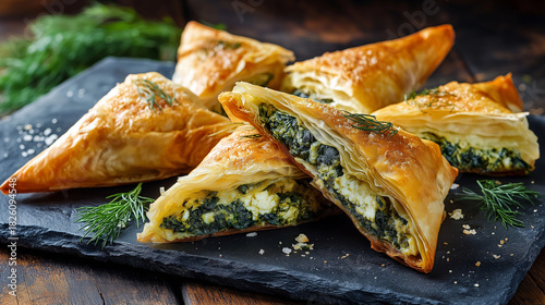 flaky spanakopita triangles, golden phyllo layers, spinach and feta filling visible, arranged on a slate platter
