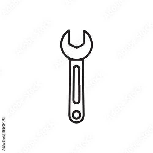 Simple black and white illustration of a wrench tool, isolated on white background.