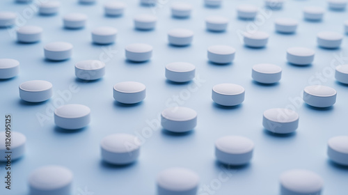 shallow. White tablets arranged in a geometric pattern on a light blue surface. STEM education sheets, lab safety posters, designed for biotech research communications, used by art directors.