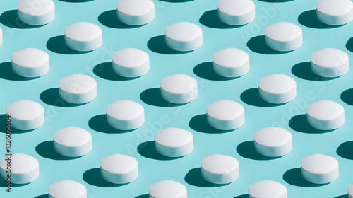 shallow. White tablets arranged in a geometric pattern on a light blue surface. STEM education sheets, lab safety posters, designed for biotech research communications, used by art directors.