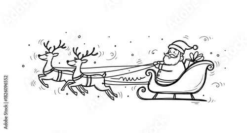 Clean black line-art drawing of Santa in a sleigh pulled by two reindeer