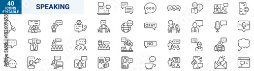 Speaking set of web icons in line style. Communication icons for web and mobile app. Containing people, communication, talking, discussion, speech bubble, team, support and more