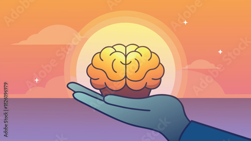 Nurturing Mental Health and Knowledge Concept: Hand Holding Brain-Cupcake at Sunrise