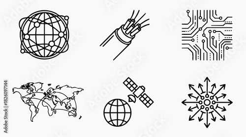 Digital Global Network. Global Connectivity linear icon set: network globe, fiber optic cable, data transfer lines, world map network, communication satellite, online connection