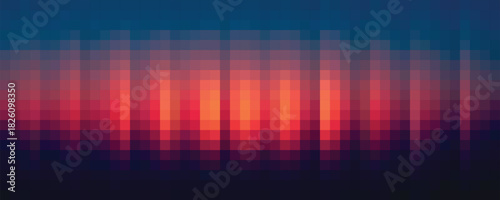 Pixelated Sunset, Blue and Red Squares, Warm Tones, Abstract Digital Design for backgrounds, for digital art projects or presentations
