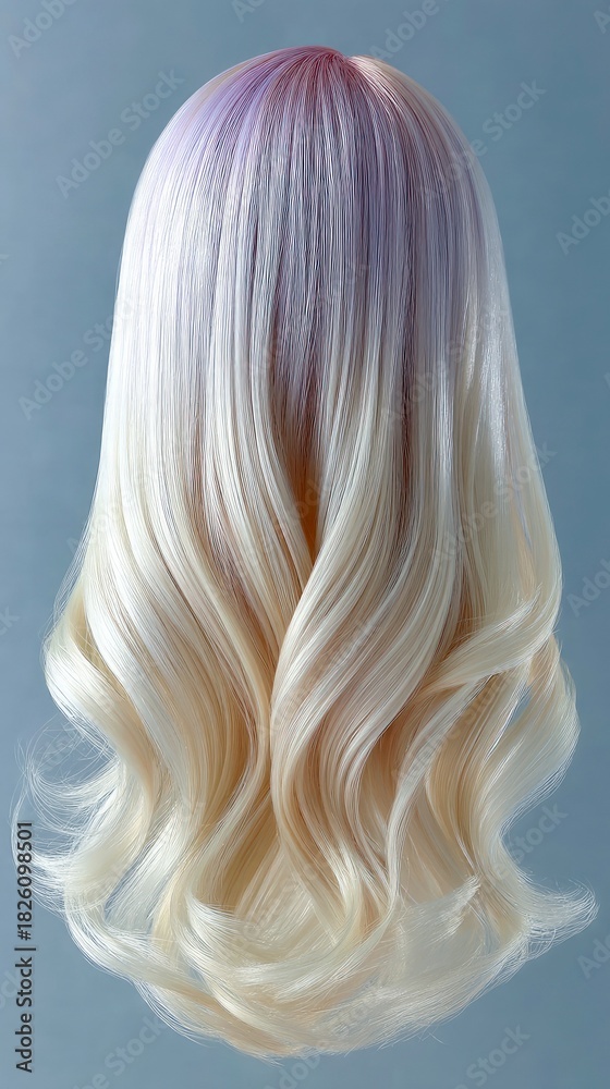 Naklejka premium A close-up studio shot of long, wavy blonde hair with subtle purple highlights at the roots, against a plain blue background. The lighting is soft and highlight