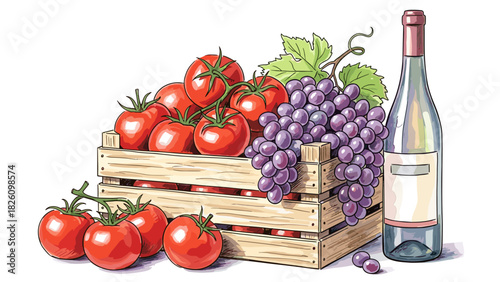 Pencil Sketch Illustration of Wooden Crate with Fresh Tomatoes and Grapes