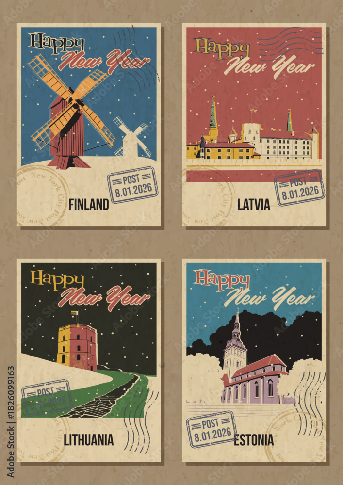 Fototapeta premium Happy New Year Greeting Cards, European Countries Main Attractions Postcards Retro Style Illustrations. Finland Windmills, Latvia Riga Castle, Lithuania Gediminas Tower, Estonia Olaf Church