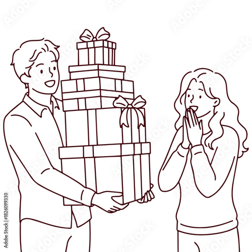 Black and white line art of a boyfriend surprising his girlfriend with many presents. Outline illustration for coloring pages depicting holiday celebration and giving gifts.