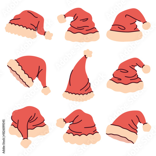 Collection of various red Christmas hats with white fur trim. Set of festive headwear icons isolated on white background for holiday decoration and costumes.