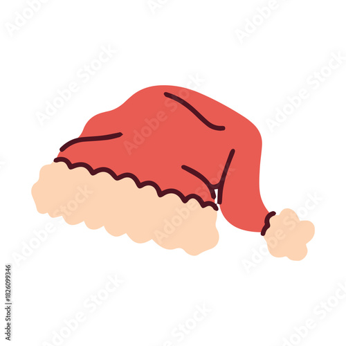 Single red Christmas cap with a fluffy pompon and brim. Festive headwear for Santa costume suitable for holiday graphic design and winter decoration.
