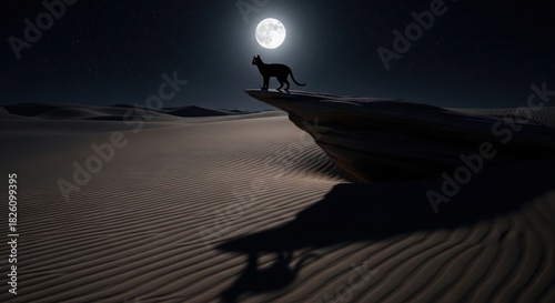 Fototapeta Naklejka Na Ścianę i Meble -  Mystical feline silhouette under lunar glow in serene desert landscape at night