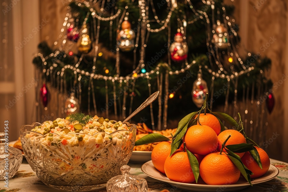 Fototapeta premium A vintage Soviet New Year's table spread featuring Olivier salad and bright tangerines, with a festive decorated Christmas tree in the background
