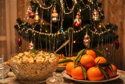A vintage Soviet New Year's table spread featuring Olivier salad and bright tangerines, with a festive decorated Christmas tree in the background