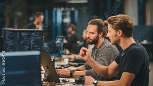 Collaborative programmers working together on innovative technology projects in a modern office workspace during the day