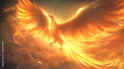 Mythical phoenix bird made of fire flying with glowing wings spread through a starry night sky