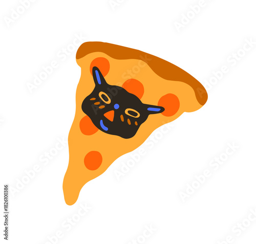 Silly cat's face on piece of Italian pizza. Cute and comic kitty on food. Furious muzzle of kitten. Crazy pet meows. Humorous animal. Flat isolated hand drawn vector illustration on white background
