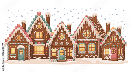 Gingerbread House Village Christmas Illustration
