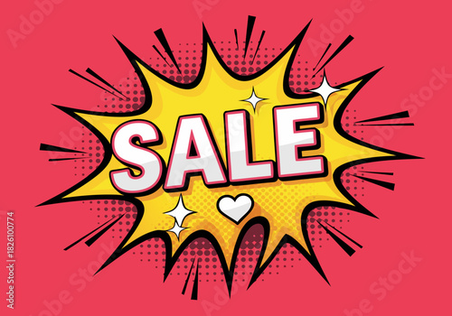 Pop art comic style sale banner with explosion bubble on a red background. Vector illustration for discount promotion and advertising