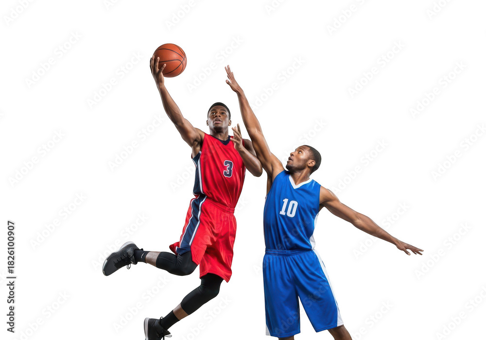Fototapeta premium Basketball players action shot, athlete in red jersey shooting, defender in blue, sports competition, dynamic movement, isolated on transparent background