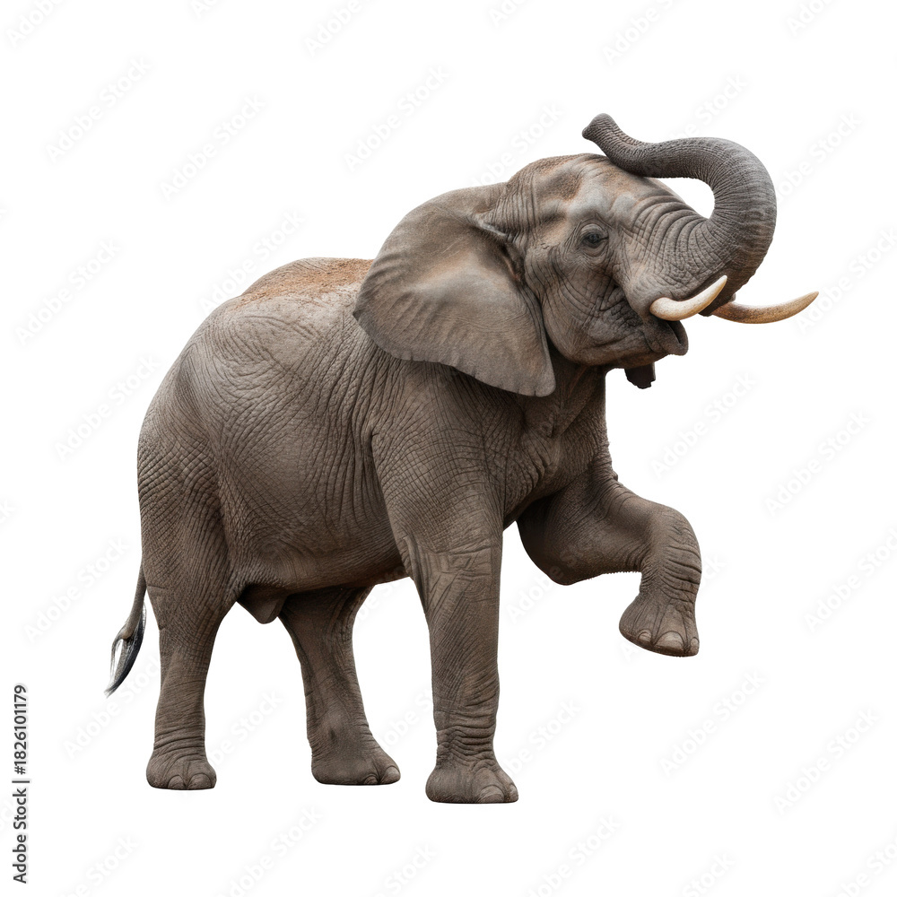 Fototapeta premium Majestic African elephant lifts its trunk in a powerful stance against a black backdrop