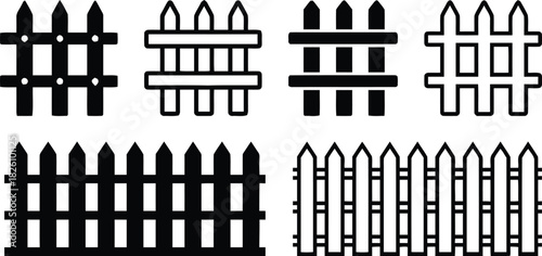 fence, picket, barrier, boundary, garden, security, protection, enclosure, wood, panel, vector, icon, symbol, graphic, design, illustration, isolated, white background, black, white, outline, solid, p