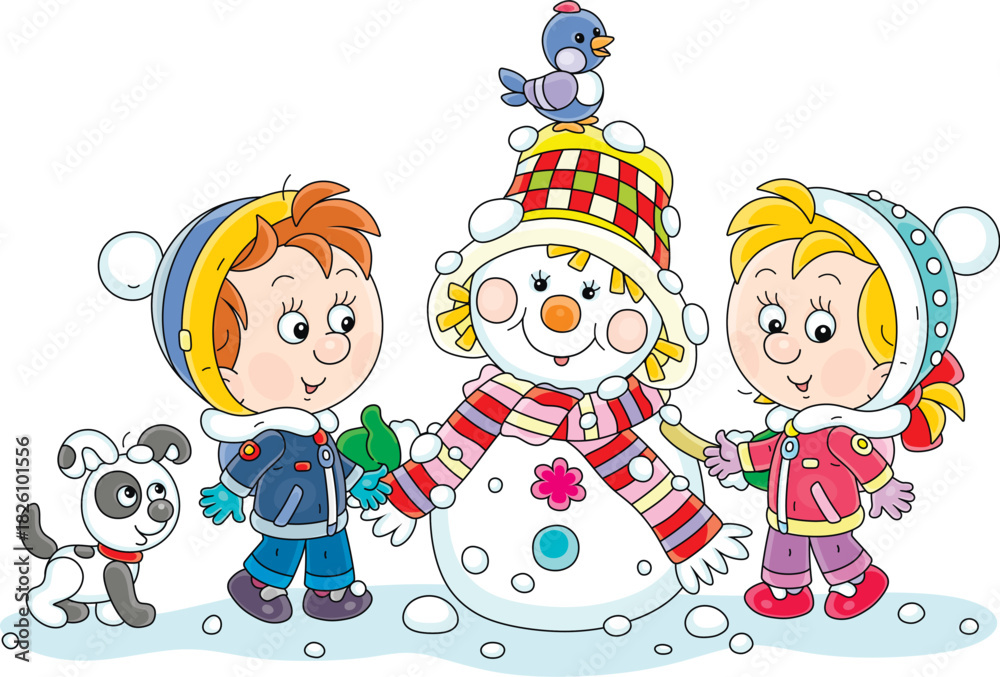 Fototapeta premium Happy little boy and girl with a puppy and a funny snowman with a striped scarf playing in a snowy winter park, vector cartoon illustration on a white background