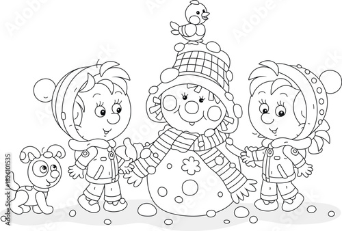 Happy little boy and girl with a puppy and a funny snowman with a striped scarf playing in a snowy winter park, black and white vector cartoon illustration for a coloring book