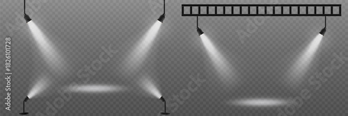 Stage spotlights with beams of light on a transparent background