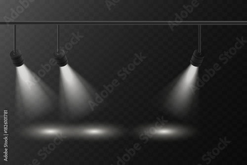 Stage spotlights with beams of light on a transparent background