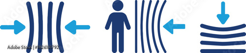 compression, flexibility, pressure, force, material, strength, resilience, deformation, human, body, physics, science, icon, symbol, graphic, design, flat, illustration, blue, dark blue, light blue, w