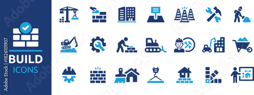 including, bricklaying, grid, machinery, home, presented, format, color, [converted], process, brick, paint, creation, infrastructure, equipment, blue, workers, icons, construction, crane, manual, ill