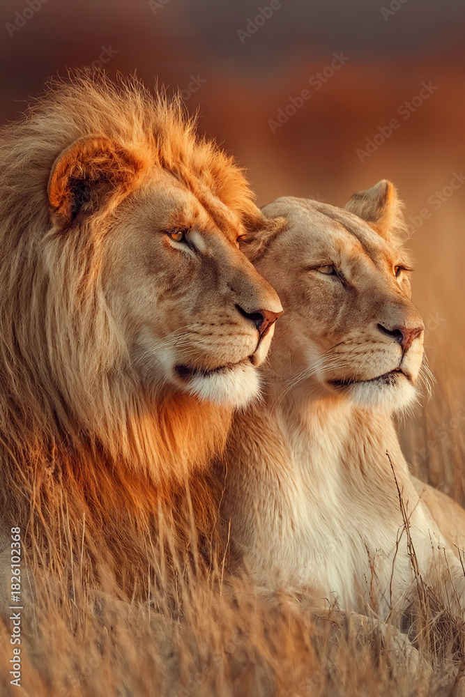 Obraz premium romantic lion couple in african sunset, united lions in dreamy savanna light, affectionate lion pair in golden african landscape