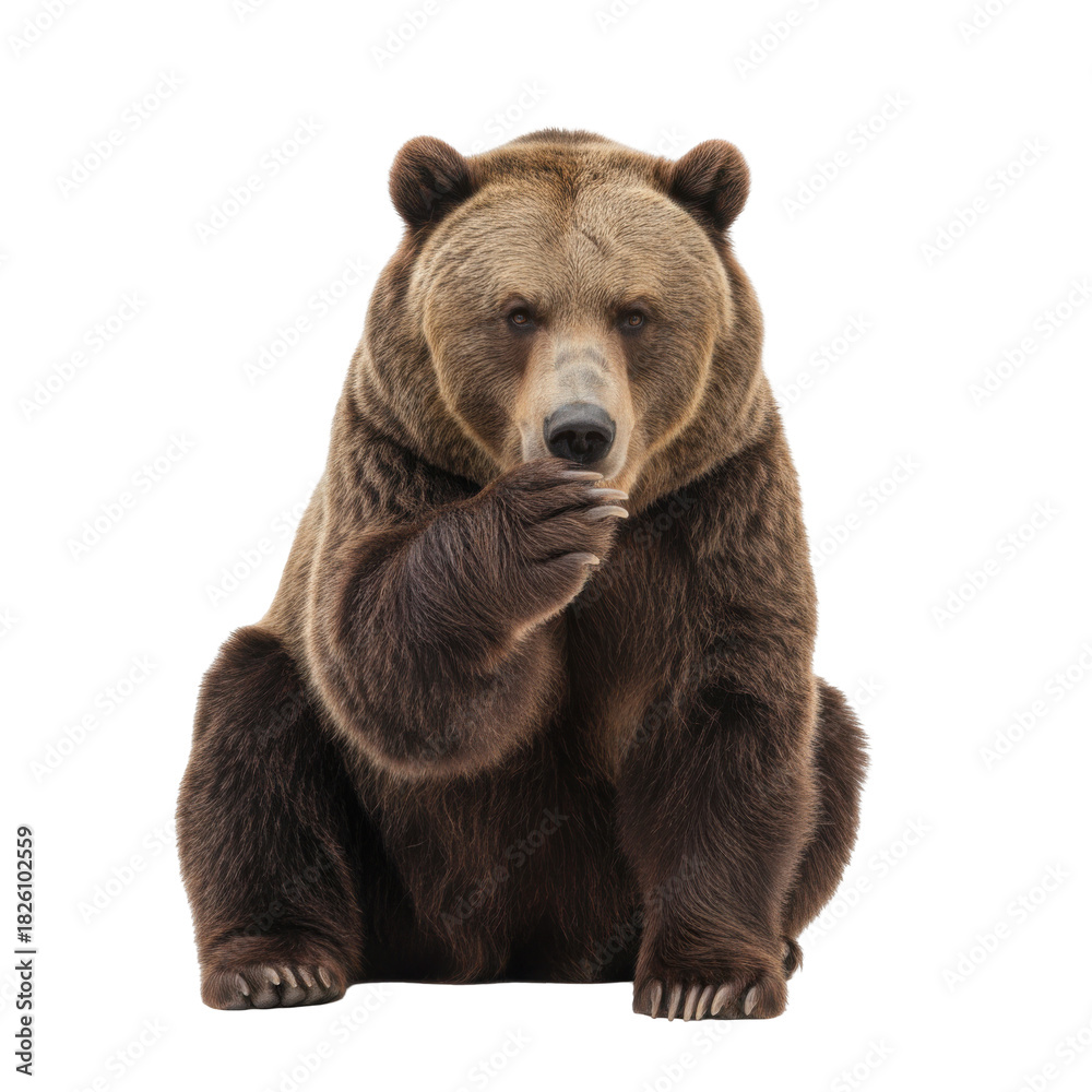 Fototapeta premium Majestic brown bear captured in a thoughtful pose against a striking black background