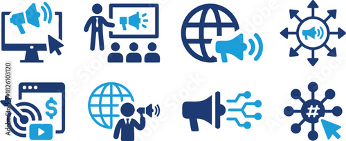 digital, marketing, advertising, icons, megaphone, globe, computer, screen, presentation, audience, target, play button, dollar sign, hashtag, network, promotion, communication, strategy, online, busi
