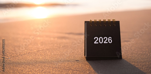 Close up 2026 desk calendar on the beach in the sunset time. Resolution, Goal, Action, Planning, and manage to success business.