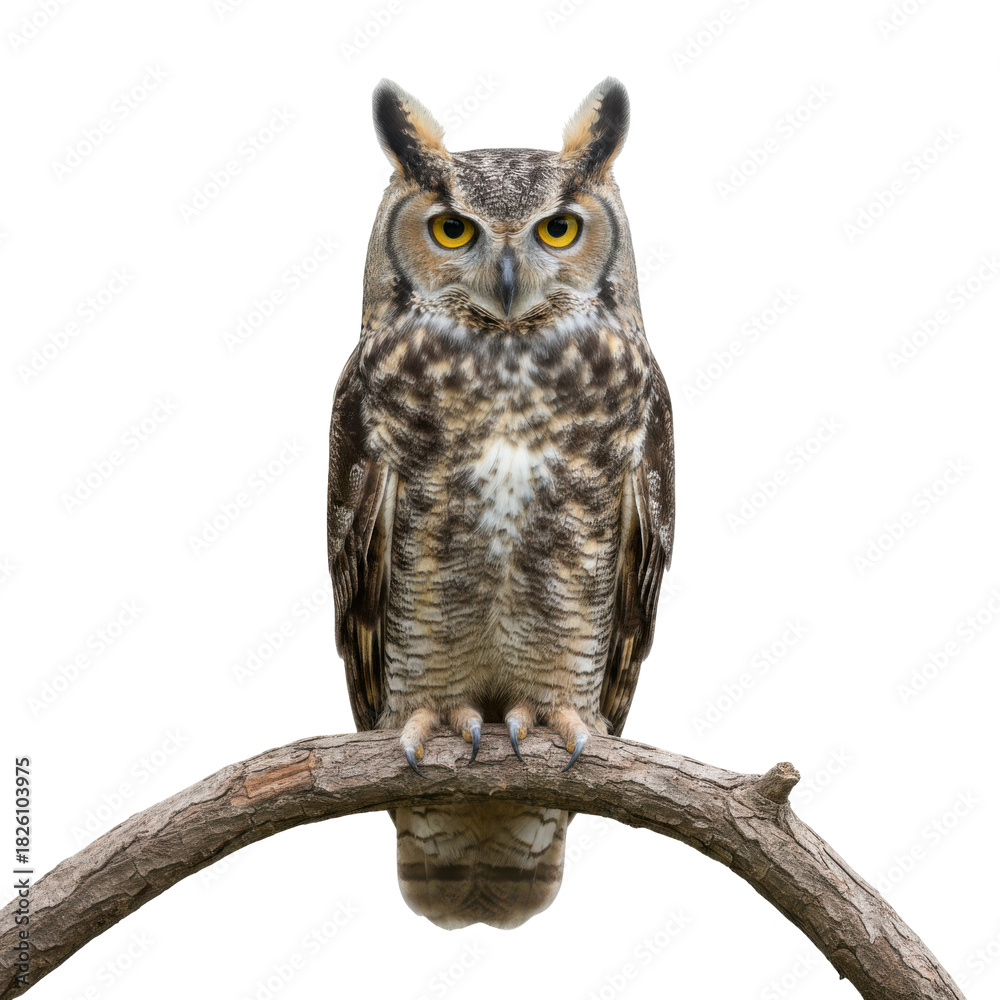 Obraz premium Majestic Great Horned Owl Perched on a Branch Against a Stark Black Background