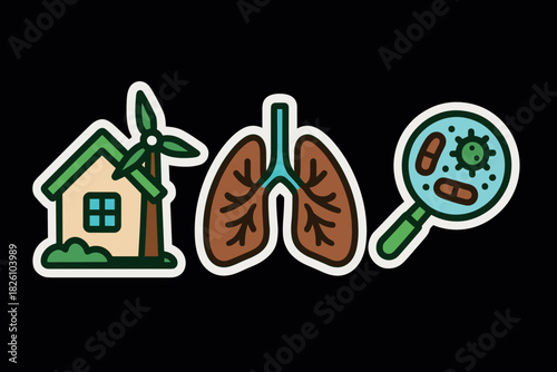 Ecofriendly house, human lungs, and microbiology concept in modern icon style