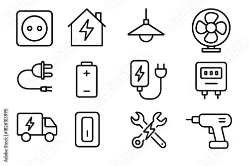 Simple electrical icons collection featuring power, tools, and devices in linear style