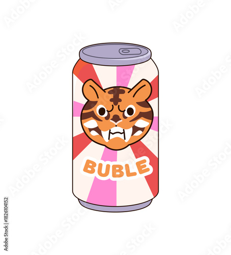 Tin can of soda, soft or energy drink. Metal bottle of refreshing sparkling beverage. Steel package of carbonated cocktail with berries, fruit. Flat isolated vector illustration on white background